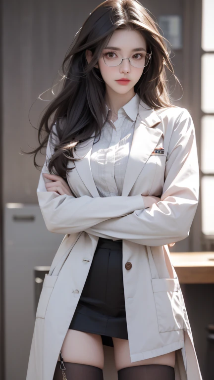 , 1woman, extremely detailed face and hair, long straight brown hair, brown eyes, wearing lab coat, short skirt, black stocking, wearing glasses, modern laboratory, natural lighting, highly detailed, 8k, octane render, cinematic lighting, photorealistic, professional photography, cool, poker face, Focus,crossed arms,