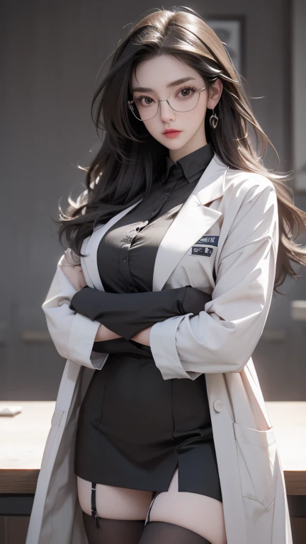 , 1woman, extremely detailed face and hair, long straight brown hair, brown eyes, wearing lab coat, short skirt, black stocking, wearing glasses, modern laboratory, natural lighting, highly detailed, 8k, octane render, cinematic lighting, photorealistic, professional photography, cool, poker face, Focus,crossed arms,