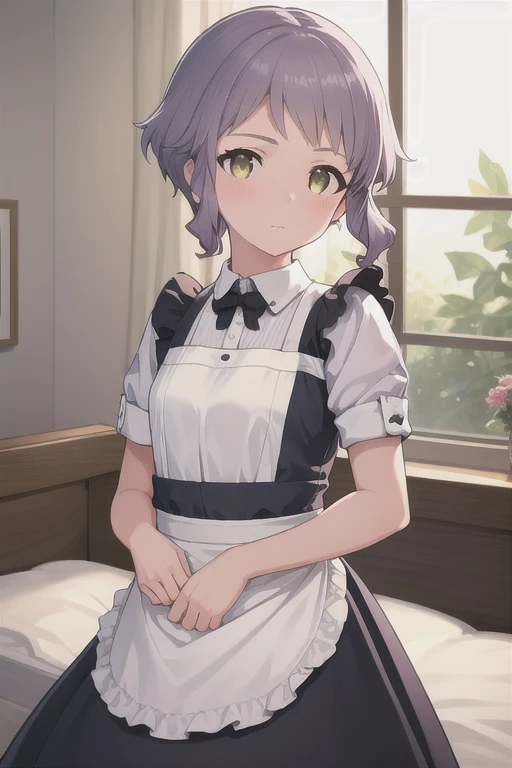 (masterpiece, Best Quality), One girl, Beautiful Face,  Cornus Macabe, Purple Hair, short hair, Yellow Eyes,Small breasts,Cuddling in bed,Maid uniform,Apron dress,Flared Skirt,petticoat