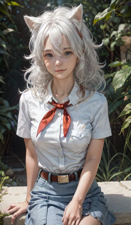 very young slim fit girl, full height, rounded face, (long curly disheveled white hair:1.4), big pale blue eyes, shy smile, perfect medium breast, band on head with realistic white cat ears, monroe, pioneer neckerchief, short tight blue pleated skirt, bangs, tight white shirt, short sleeves, collared shirt, belt, red neckerchief, breast pocket