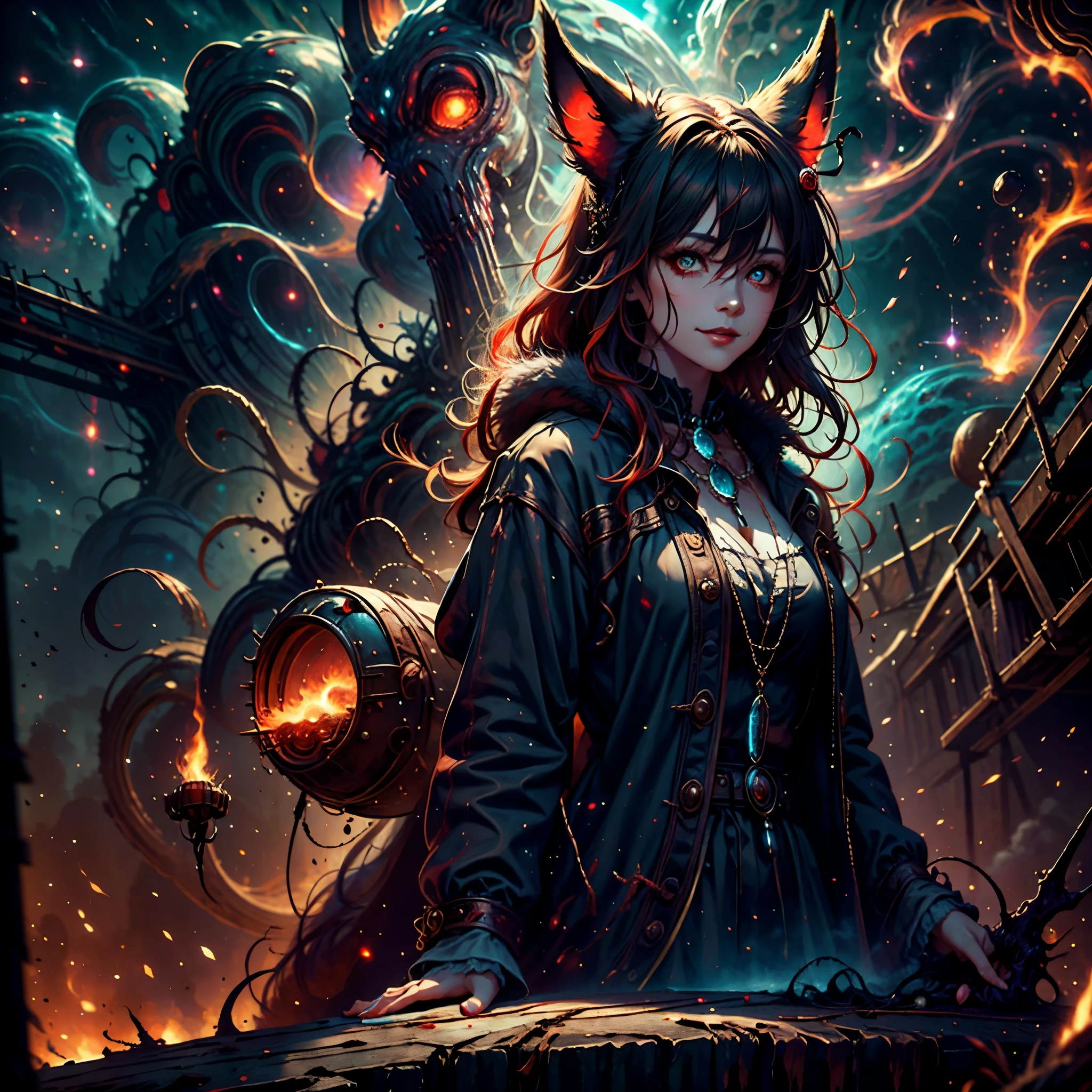 Walk in an apocalypse setting, [Best quality, shaded, extreme details, very detailed, ultra detailed, complex, realistic, perfect face], fenrir woman, thick fur, long hair, (flaming red colored fur), almond shaped eyes, discreet smile, serene face, wears a brooch around his neck, demon style clothing.