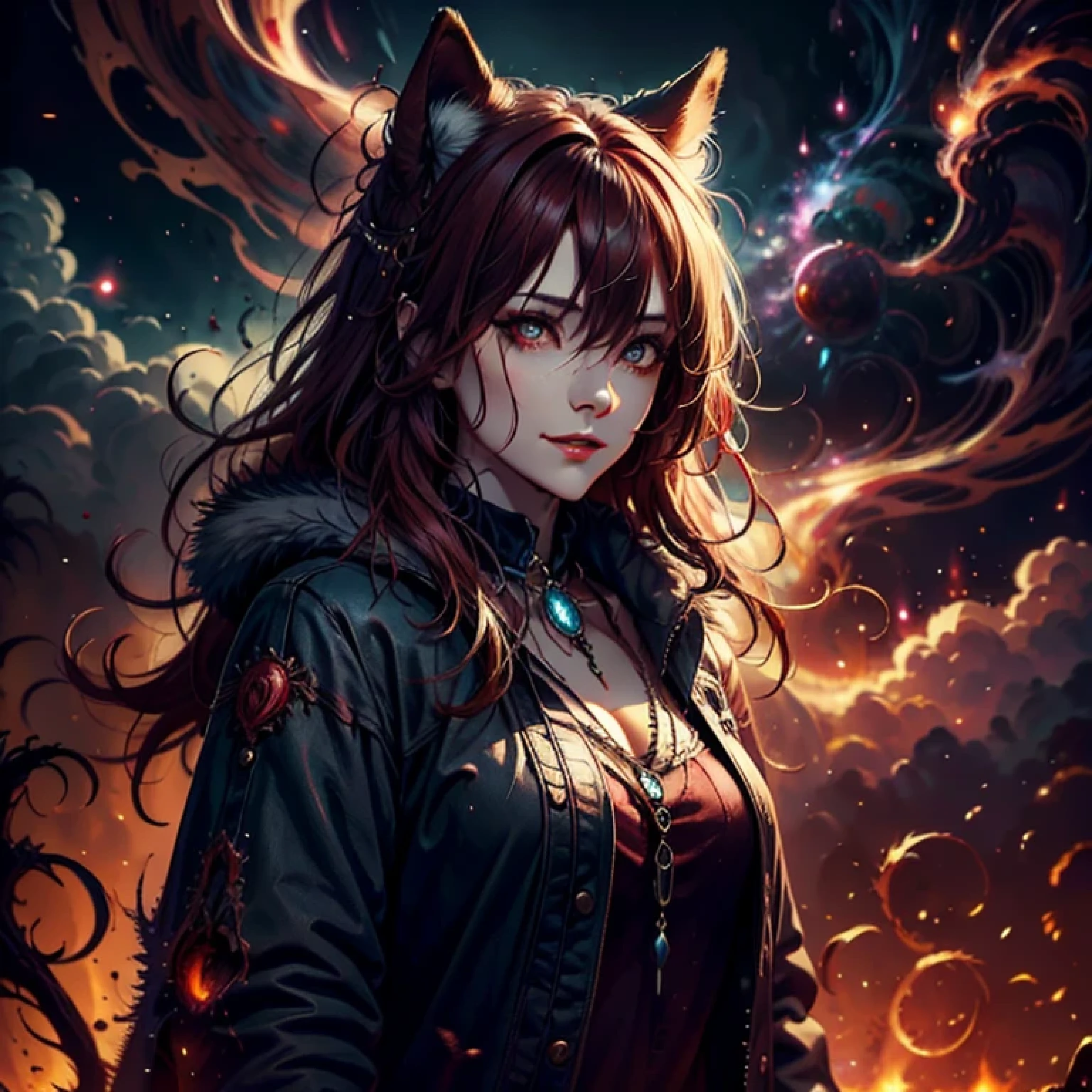 Walk in an apocalypse setting, [Best quality, shaded, extreme details, very detailed, ultra detailed, complex, realistic, perfect face], fenrir woman, thick fur, long hair, (flaming red colored fur), almond shaped eyes, discreet smile, serene face, wears a brooch around his neck, demon style clothing.