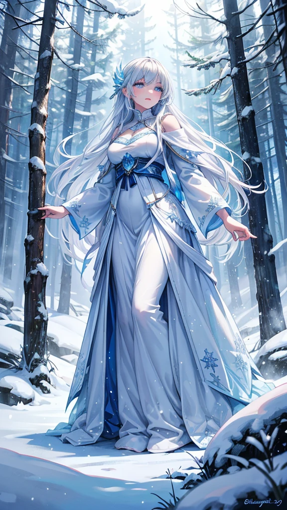 a beautiful young snow goddess in a long white dress with flowing blue accents, standing in a snowy forest, long flowing white hair billowing around her, glowing ethereal wind spirit, delicate facial features, beautiful detailed eyes, beautiful detailed lips, extremely detailed face, long eyelashes, serene expression, magical fantasy art, 4k, 8k, highres, masterpiece, ultra-detailed, realistic, photorealistic, vivid colors, cinematic lighting, dramatic shadows, epic fantasy landscape, lush evergreen trees, snowflakes, volumetric fog, glowing magical energy