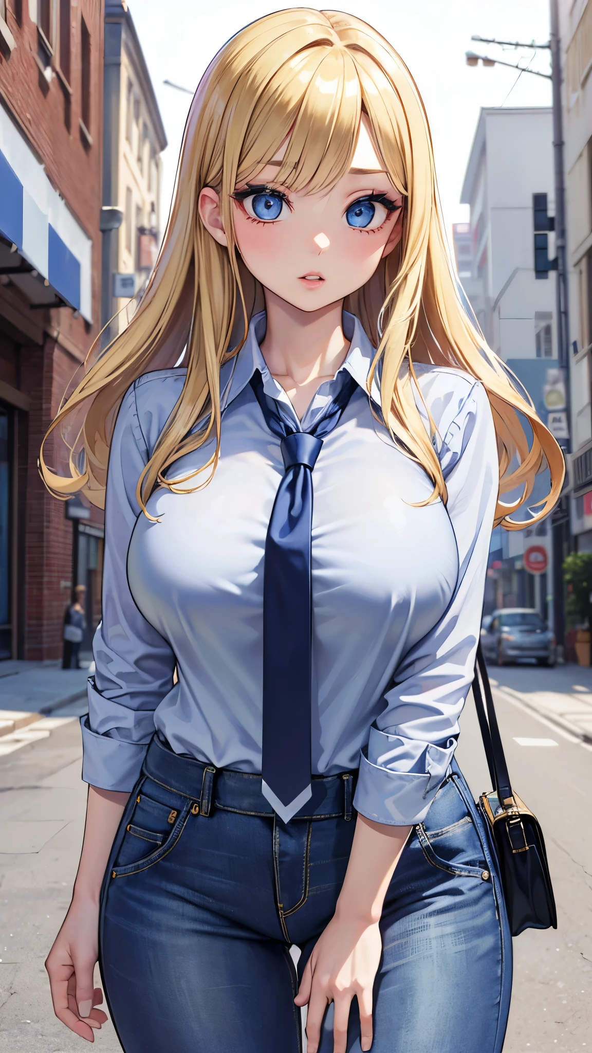 (masterpiece, 最high quality, 超High resolution, Very detailed), (Realistic:1.1, photoRealistic:1.4), Perfect illustration, Perfect lighting,Hair in perfect detail, Perfect and detailed face, Perfect collarbone, Perfect body,Juicy breasts, Perfect Thighs, Beautiful feet, View your viewers, 1 Girl,Perfect Face, (Perfect Anatomy, Anatomically correct), Symmetrical face、((Shiny Hair)),Sexy Body、(masterpiece),(最high quality:1.3),8k,Very clear,(Ultra-realistic),,Captivating woman,(high quality, High resolution, Fine details), Realisticなスタイルの女性,Juicy breasts、One perfect woman、Perfect Face、Symmetrical face、Baby Face、((Large Breasts))、blush、((Juicy lips))、Cowboy Shot、((Straight blonde hair with exposed forehead))、((Big double blue eyes、Long eyelashes))、((Red makeup))、(((White collared shirt、Black tie)))、(((High waist denim pants)))、(Outdoor、On the streets of Rome)
