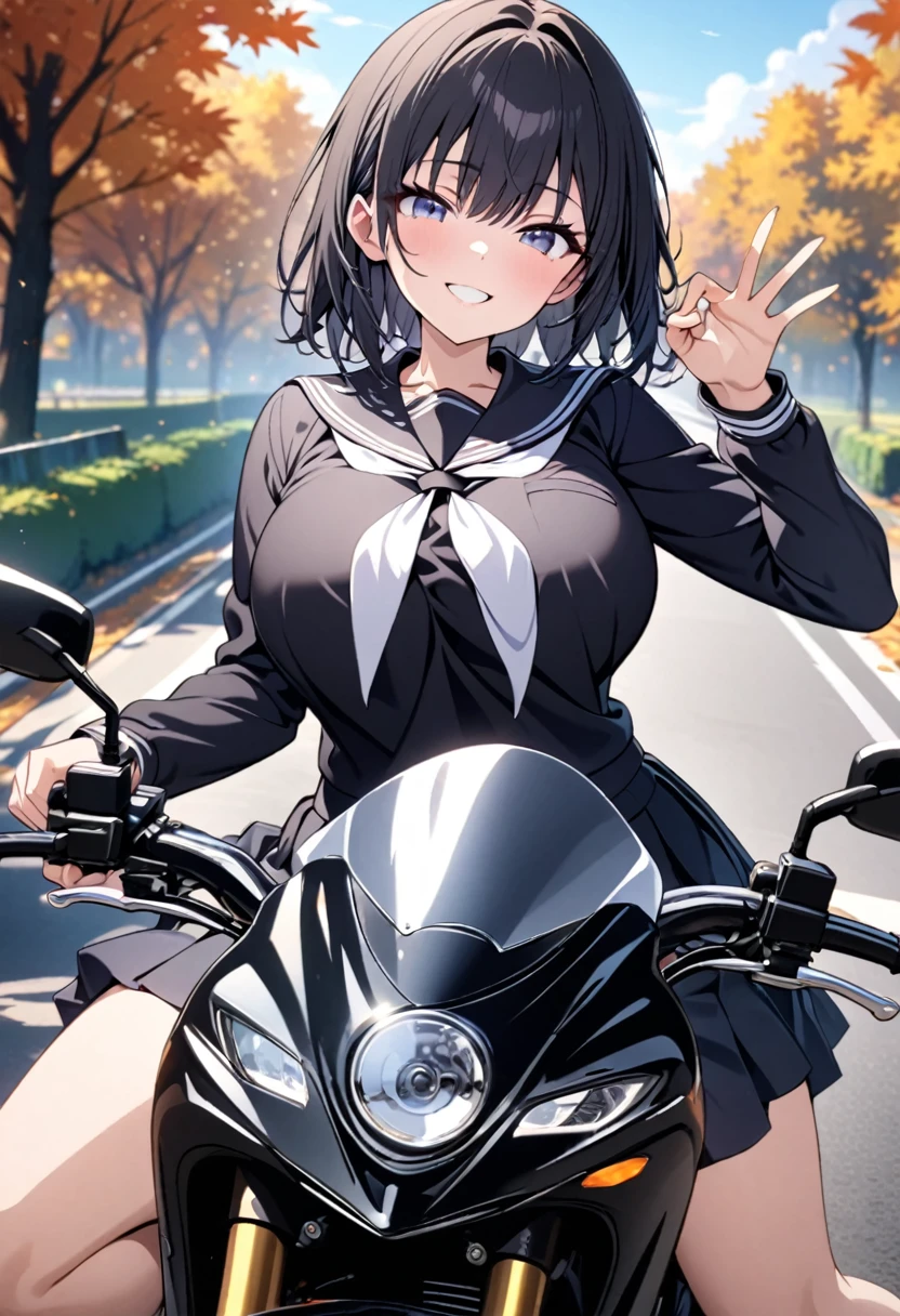 Masterpiece, Top Quality, Detailed, Super Beautiful CG, High Resolution, One Girl, (Beautiful Girl), (Cute Girl), Solo, Bangs, Looking at the Viewer, Big Breasts, Smiling, Fun, motorcycle,
white neckerchief, black school uniform, black shirt, long sleeves, pleated skirt, black serafuku, black sailor collar, black skirt, ,School Uniform, (Flipping Skirt:1.2), (Straddling Motorcycle:1.4)+,Tree-lined avenue with autumn leaves, autumn sky, blue sky, a ray of cloud, (hand sign V:1.4)+, (symbol-shaped pupils:0.1)-, (star-shaped pupils:0.1)-,