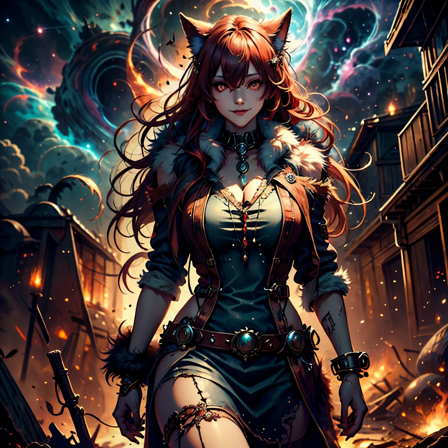 Walk in an apocalypse setting, [Best quality, shaded, extreme details, very detailed, ultra detailed, complex, realistic, perfect face], fenrir woman, thick fur, long hair, (flaming red colored fur), almond shaped eyes, discreet smile, serene face, wears a brooch around his neck, demon style clothing.