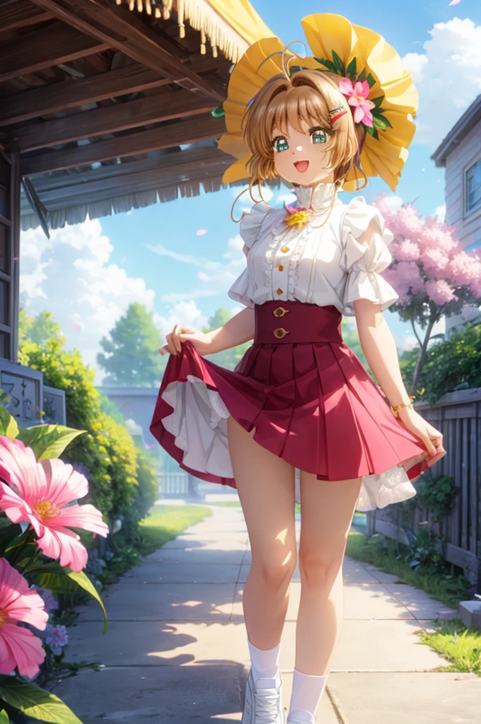 high resolution、high quality、masterpiece、detailed、1 female、Blonde、Short Hair、Curly hair、freckles、White blouse、Red Skirt、Grab the hem of your skirt with both hands and lift it up、White panty shot、