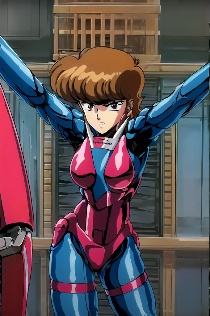 (masterpiece), (absurd), (high aesthetic sense), (absolute resolution), (Priscilla S. Asagiri), Bubblegum Crisis, Knight Sabers, ((Sonoda Kenichi)), (((magazine cover))),(focus on thighs, on), low angle, focus on thighs, ((close-up of woman in blue and white powered suit, on)), blue breastplate, ((long hair, redhead, on)), cinematic lighting, (stunning face, symmetrical clear eyes, fine eyes and face, fine body, on), one girl, late teens, side locks, original video from the 80s, artmic, AIC