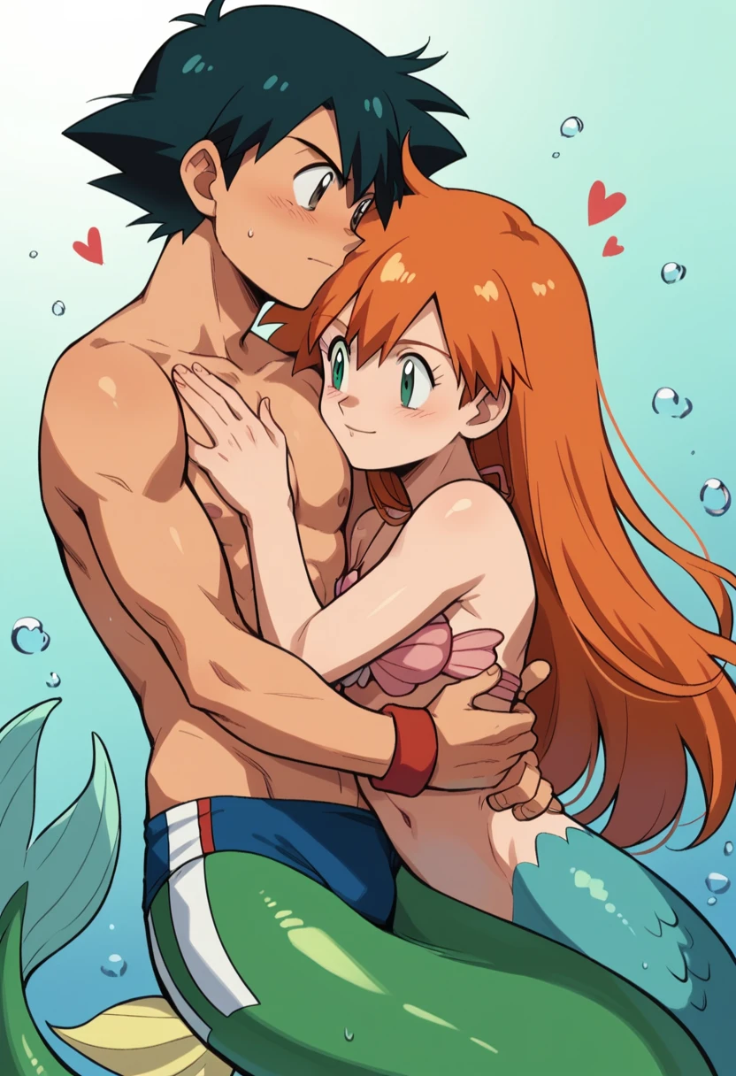 1boy, ash ketchum, black hair, brown eyes, hair between eyes, shirtless, male swimwear, handsome boy, macho, good looking boy, hugging her wrist 1girl, misty pokemon, orange hair, long hair, hair down, green eyes, mermaid costume, seashell bra, mermaid tail, putting her hand on his chest photograph of a 18 years couple, they're showing off their love and affection for each other, they're caressing, looking at each other, a lot of hearts around them, they're underwater in the sea