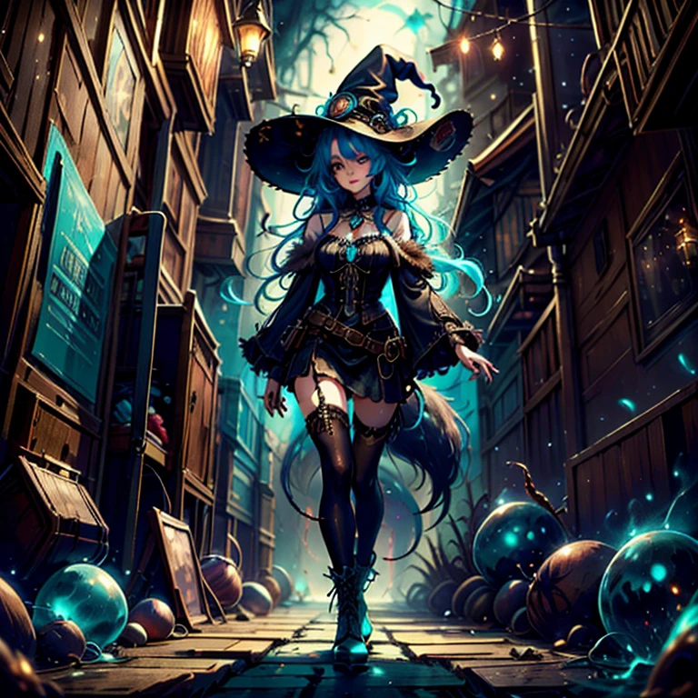 [best quality, shady, extreme detail, Very detailed, ultradetailed, complex, Realistic], woman, hairy woman, wolf woman, full body portrait, full fur, magic fur, full tail, big tail, magic tail, long hair (Colored hair), hat on the head (steampunk style witch hat), almond-shaped eyes (bright turquoise color), expressive smile, charming face, Witch Outfit (dark color with magic runes, the outfit is steampunk style), black tights, shoes (steampunk high boots), the scene takes place in a narrow alley with a sinister and dark atmosphere.