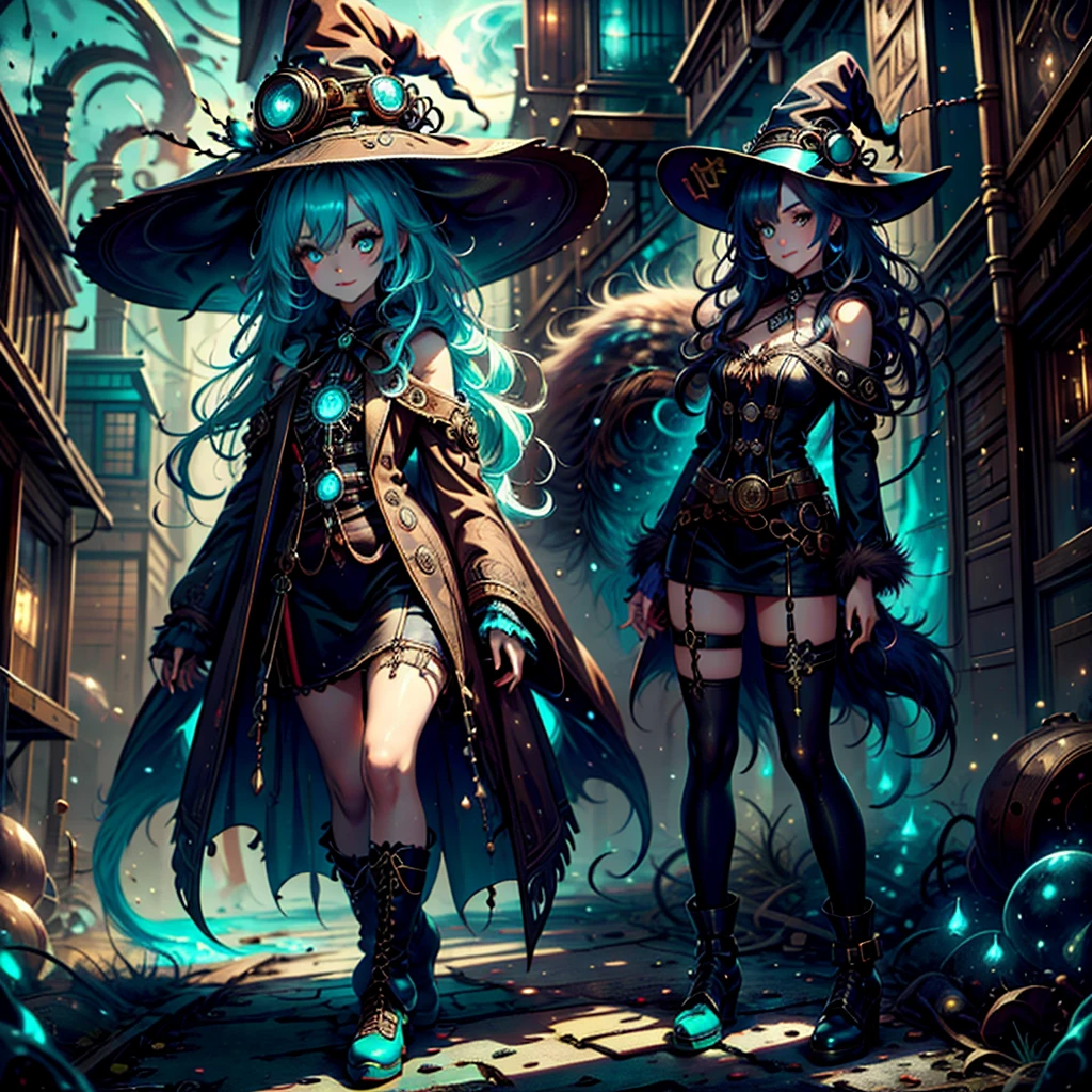 [best quality, shady, extreme detail, Very detailed, ultradetailed, complex, Realistic], woman, hairy woman, wolf woman, full body portrait, full fur, magic fur, full tail, big tail, magic tail, long hair (Colored hair), hat on the head (steampunk style witch hat), almond-shaped eyes (bright turquoise color), expressive smile, charming face, Witch Outfit (dark color with magic runes, the outfit is steampunk style), black tights, shoes (steampunk high boots), the scene takes place in a narrow alley with a sinister and dark atmosphere.