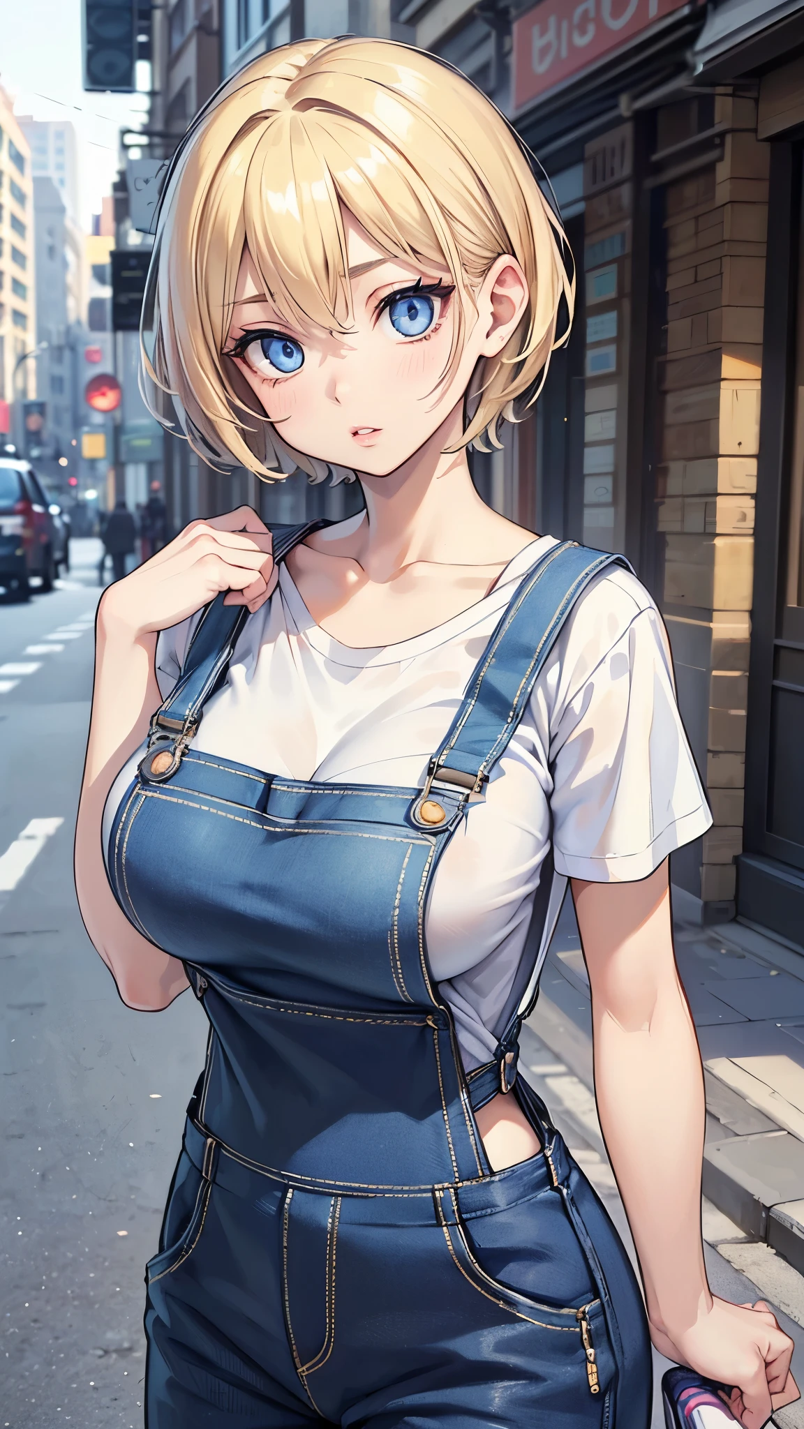 1girl, masterpiece, best quality, medium full shot, blonde ponytail, naked, ((overalls, sexy body, necklace, earrings)), smiling, busty, (breasts:1.4)