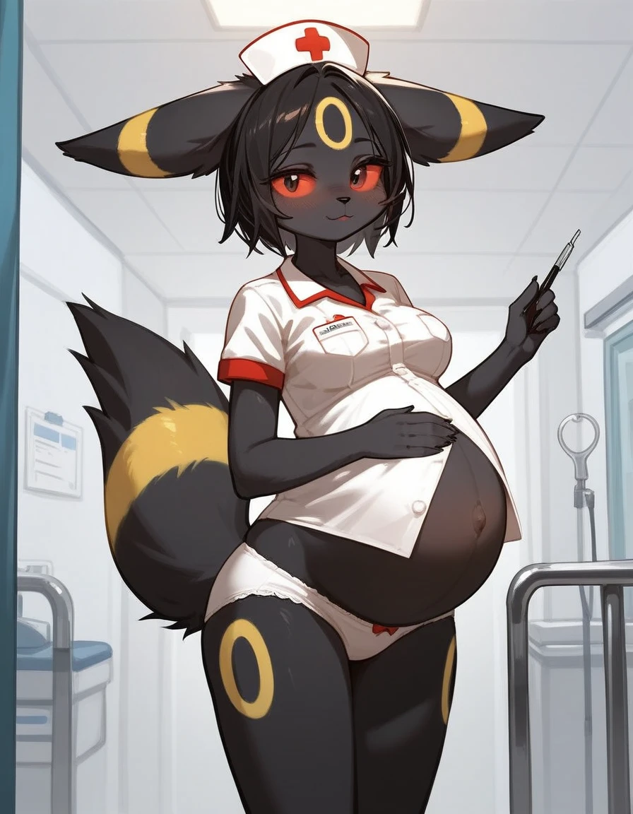 alone, score_9,score_8_up,score_7_up, anthro female umbreon, red sclera, black eyes, nurse outfit, white panties, standing, hospital.