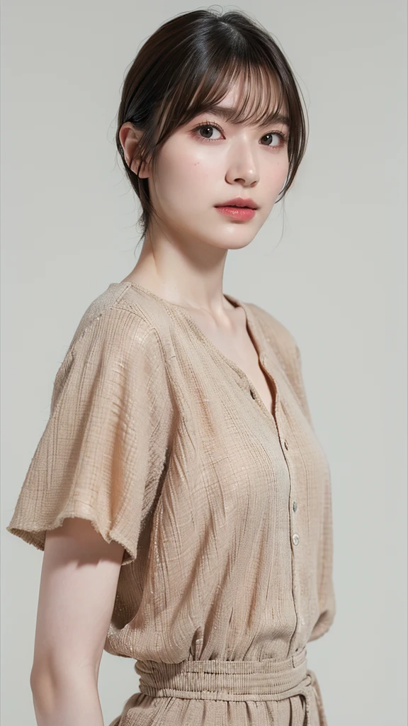 High resolution、masterpiece、Textured skin、High image quality、超High resolution、Very detailed、woman、20 years old、actress、Very short hair with bangs、Casual Fashion、Perfect Style、Ray Tracing, Background blur, solo, Simple Background, Brown eyes、