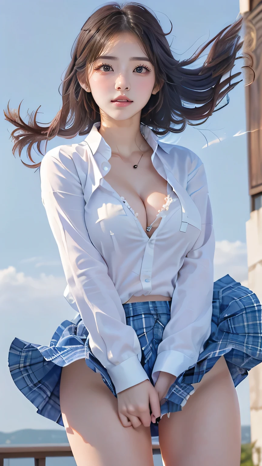 (((Best Quality))), ((masterpiece)), (detailed), ((alone)), (Realistic, PhotoRealistic: 1.37), (masterpiece, Best Quality: 1.2), (Ultra-high resolution: 1.2), (RAW Photos: 1.2), (Sharp focus: 1.3), (Face Focus: 1.2), (Ultra-high definition 8K integrated CG wallpaper: 1.2), (Hyper Sharp focus: 1.5), (Ultra Sharp focus: 1.5), (非常にDetailed background, Detailed background: 1.3), Ultra Realistic Photo, Ultra-clear images, Ultra-high definition images,Korean,Realistic, ((((((School uniform girl,White shirt,Checkered Skirt)))))), (((Slender body,Cleavage:1.4))), ((Beautiful Skin,White skin,Glowing Skin)), Mysterious Light, ((((Angle that captures the face and whole body)))), (((Well-formed face))), ((Big Eyes)), ((((((Droopy eyes)))))), ((((Close your eyes)))), ((((Accurate anatomy)))), (Delicate thighs), Perfect Makeup,Eyeshadow,Earrings,necklace, ((I can see your underwear,Lace Underwear,Sexy Underwear,)),(Beautiful hair and skirt fluttering in the wind:1.4,A strong wind was fluttering her skirt:1.4),(Strong winds:1.3), (The wind blows up her skirt:1.6),(((WindyUpskirt))), (((Hold down a skirt fluttering in the wind,shirt tug))),(View from below),(((View your viewers:1.5)))