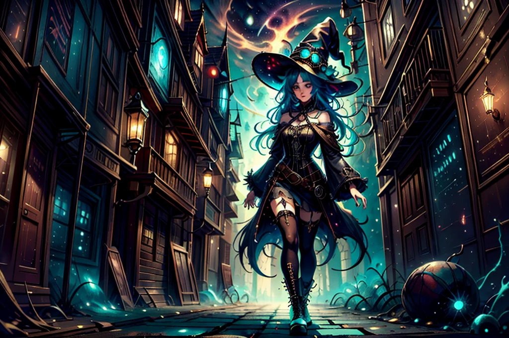 [best quality, shady, extreme detail, Very detailed, ultradetailed, complex, Realistic], woman, hairy woman, wolf woman, full body portrait, full fur, magic fur, full tail, big tail, magic tail, long hair (Colored hair), hat on the head (steampunk style witch hat), almond-shaped eyes (bright turquoise color), expressive smile, charming face, Witch Outfit (dark color with magic runes, the outfit is steampunk style), black tights, shoes (steampunk high boots), the scene takes place in a narrow alley with a sinister and dark atmosphere.