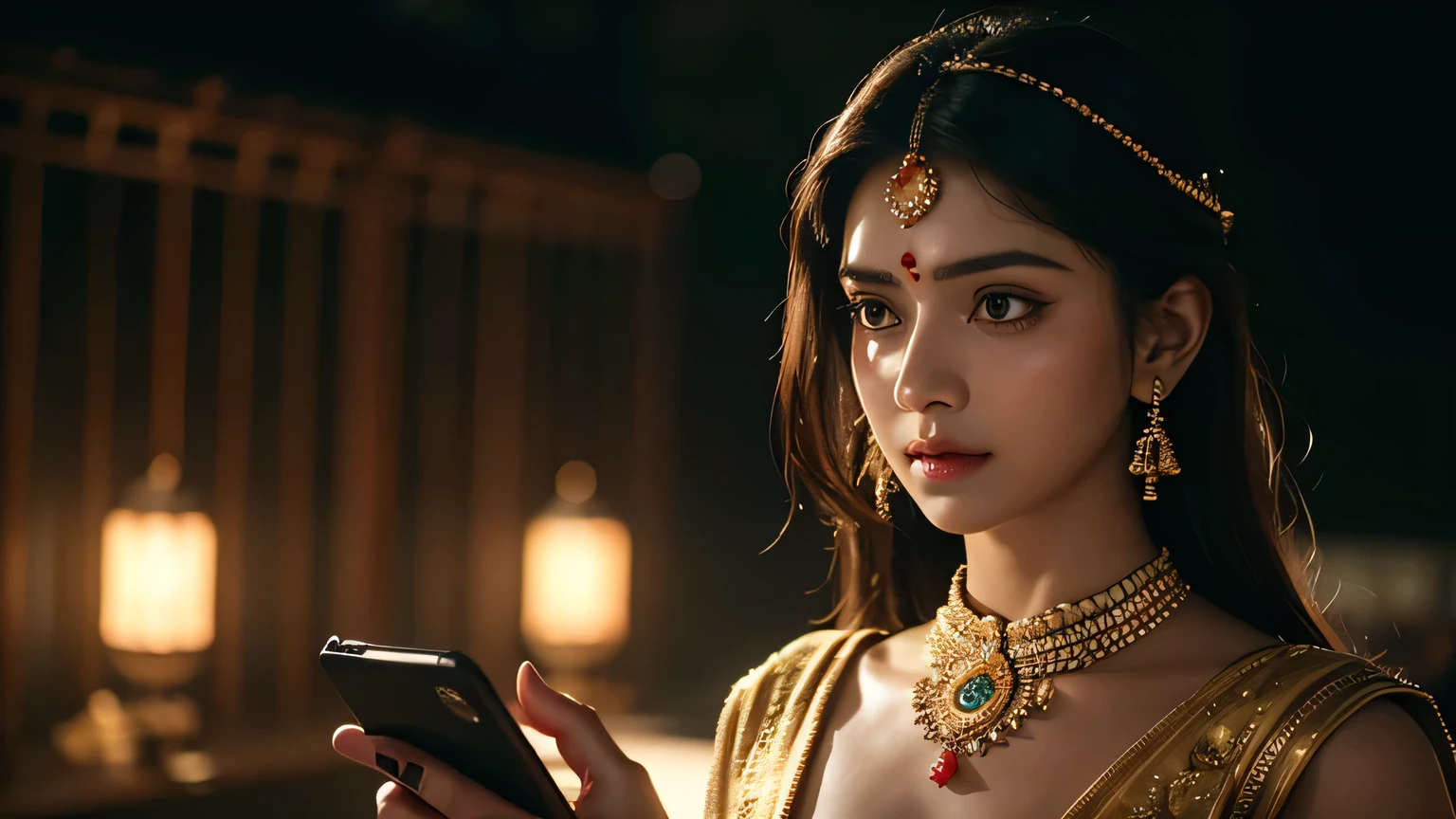 a person scrolling through smartphone, puzzled expression, looking at post about durga and dussehra, detailed face, intricate smartphone interface, moody lighting, digital art, highly detailed, hyperrealistic, photorealistic, 8k, cinematic, warm color tones