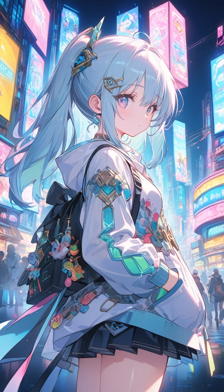 Colorful profile picture of an anime-style female character. anime、child、random function、cowboy shot、 The setting is、A futuristic city lit by neon lights..、The environment is stimulating and adventurous、The fantastical world reflected in your eyes、The character designs were inspired by Japanese illustrators and anime fans、(Beautiful fine details: 1.6)、