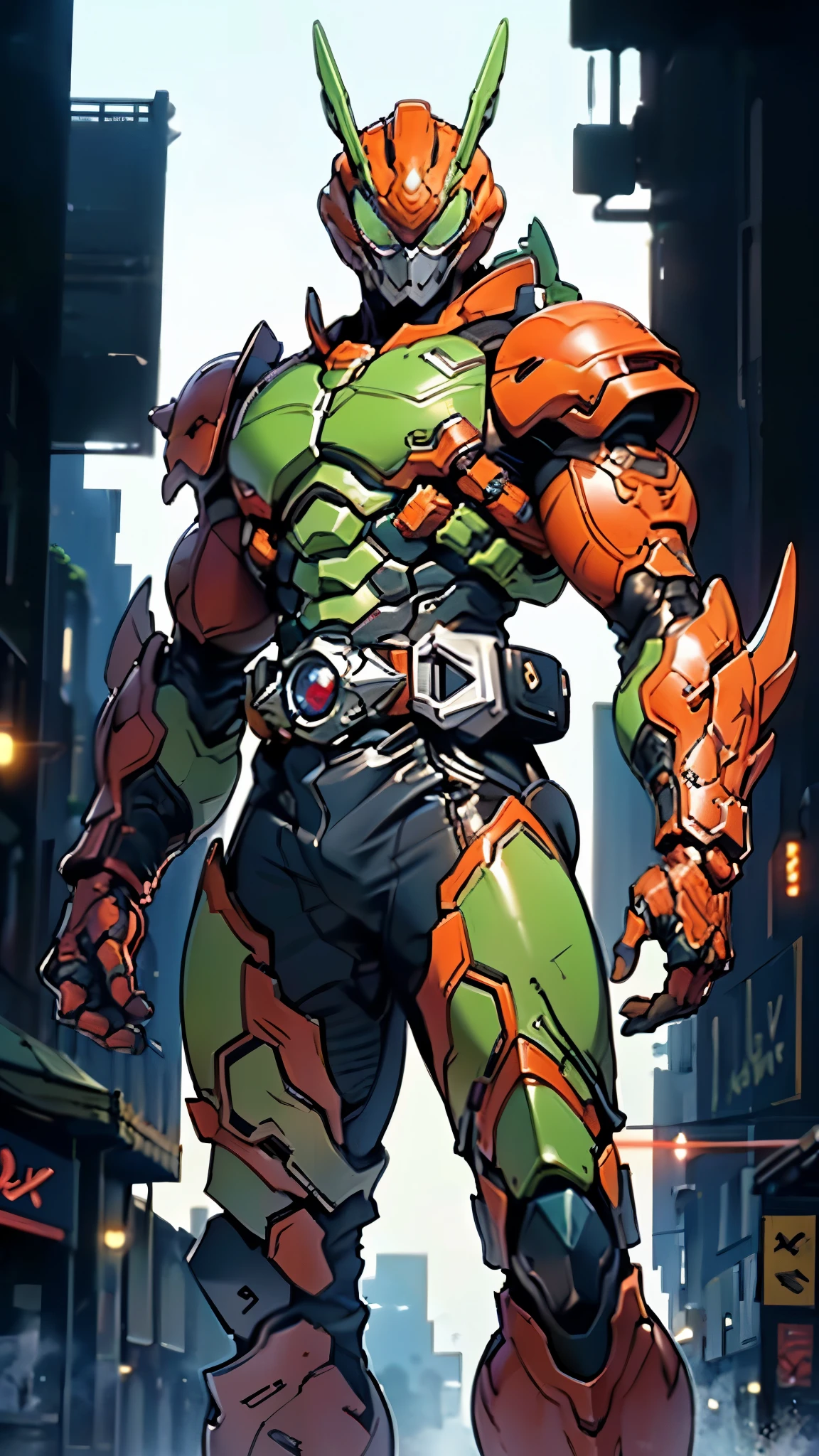 (masterpiece:1.5, best quality:1.5, extremely delicate:1.5), ((male:1.5)), a man wearing a full-face helmet, a biotech armored combat suit, green eyes, (a composite layered chest armor), fully enclosed shoulder guards, matching arm and leg guards, a belt of gemstone, (the color scheme is primarily Blue with White and Red accents), the design balances heavy with agility, a high-tech bio-mecha armor, (Armor Concept Inspired by Kamen Rider, stand of a futuristic sci-fi city), this character embodies a finely crafted Superhero in anime style, exquisite and mature manga art style, (the armor glows), metallic, high definition, highres, ultra-detailed, ultra-fine painting, professional, perfect body proportions, golden ratio, anatomically correct, symmetrical face, extremely detailed eyes and face, high quality eyes, creativity, RAW photo, UHD, 32k, Natural light, cinematic lighting, masterpiece-anatomy-perfect