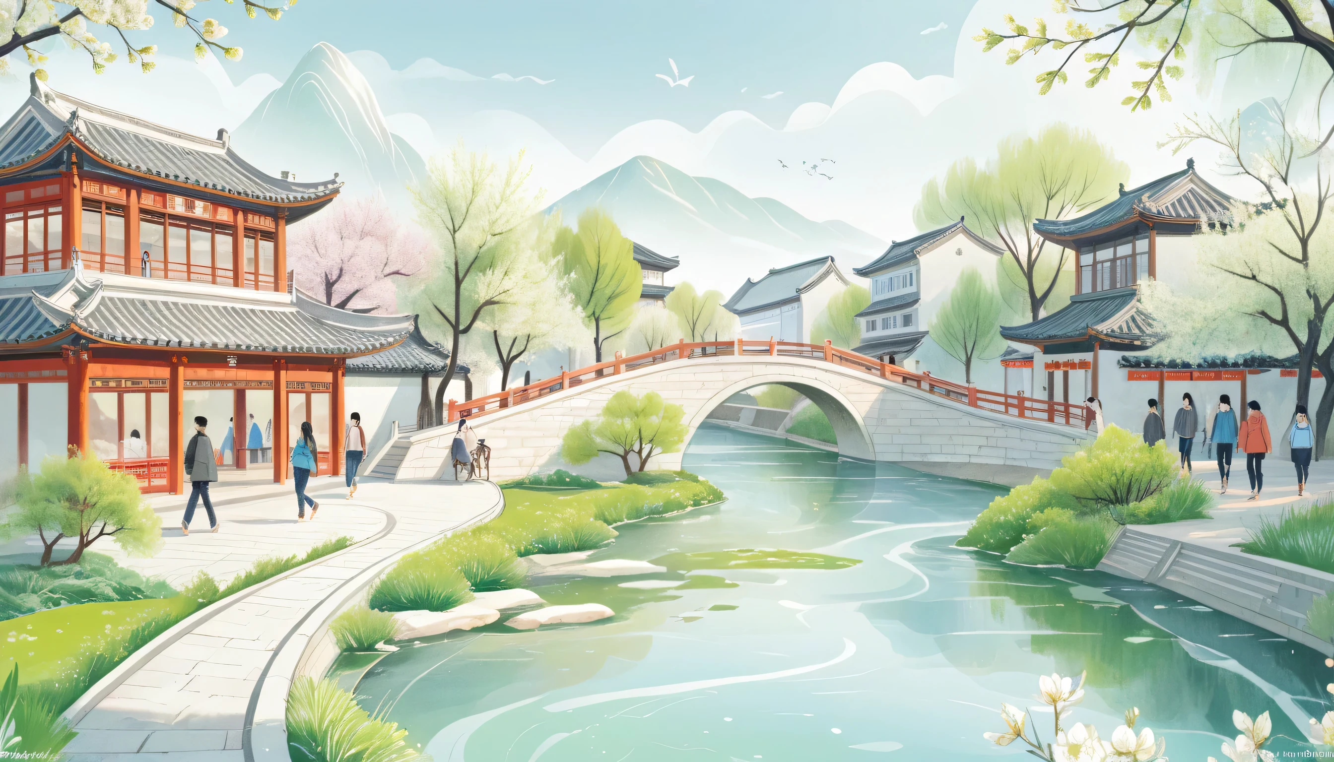 Beijing，Pedestrian street，Creek water，Beautiful Views，spring，Mainly line illustrations，Simplicity