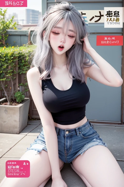 masterpiece, best quality, spring outfit, long white hair, outdoor, magazine cover ,upper body,very long white hair, torn tank top, very short denim, medium breast, sexy pose, blushing, open mouth, fullbody, closed eyes