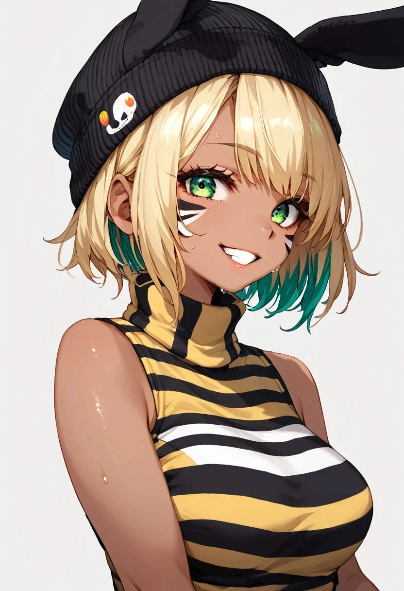 score_9, score_8_up, score_7_up, score_6_up, score_5_up, score_4_up, source_anime, best quality, amazing quality, very aesthetic, absurdres, 1 female, (furry, kemono:1.1), rabbit, beautiful face, detailed face, detailed eye, perfect anatomy, jewelry, solo, ring, smile, bracelet, looking at viewer, blonde hair, long hair, hat, eyelashes, dark skin, green eyes, dark-skinned female, upper body, black headwear, multicolored hair, nail polish, grin, artist name, kret, shirt, striped clothes, striped shirt,  username, sleeveless, teeth, white nails, beanie, simple background, dutch angle, grey background, tattoo, A medium-close-up view of a woman's face, painted with a black hat, white face paint, and blue and green eyes. Her hair is a mix of light and dark blonde hair, and her face is covered in white paint. Her left hand is touching her face, and the right hand is holding a small sticker that has a cartoon character on it. The woman is wearing a colorful bracelet, and a black and white striped shirt. The background is white, and there is a white wall behind the woman., sleeveless turtleneck, sweat, two-tone hair, very short hair, white background, yellow shirt, rating_explicit,