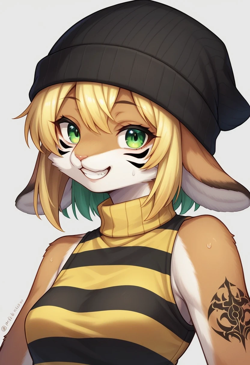 score_9, score_8_up, score_7_up, score_6_up, score_5_up, score_4_up, source_anime, best quality, amazing quality, very aesthetic, absurdres, 1 female, (furry, kemono:1.3), rabbit, beautiful face, detailed face, detailed eye, perfect anatomy, jewelry, solo, ring, smile, bracelet, looking at viewer, blonde hair, long hair, hat, eyelashes, dark skin, green eyes, dark-skinned female, upper body, black headwear, multicolored hair, nail polish, grin, artist name, kret, shirt, striped clothes, striped shirt, username, sleeveless, teeth, white nails, beanie, simple background, dutch angle, grey background, tattoo, A medium-close-up view of a woman's face, painted with a black hat, white face paint, and blue and green eyes. Her hair is a mix of light and dark blonde hair, and her face is covered in white paint. Her left hand is touching her face, and the right hand is holding a small sticker that has a cartoon character on it. The woman is wearing a colorful bracelet, and a black and white striped shirt. The background is white, and there is a white wall behind the woman., sleeveless turtleneck, sweat, two-tone hair, very short hair, white background, yellow shirt, rating_explicit,