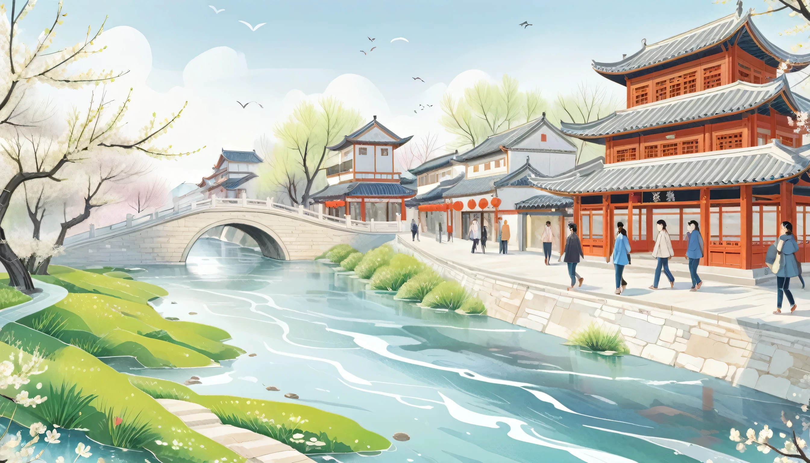 Beijing，Pedestrian street，Creek water，Beautiful Views，spring，Mainly line illustrations，Simplicity