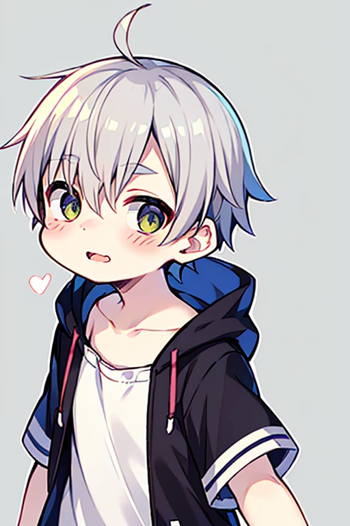 Deformed,Highest quality, (high quality),eye highlights,arms are thin, thin body,face, from side,look at viewer,droopy eyes, put your hand on your cheek,shy,blush,open your mouth and laugh,(((chilled boy))), (1 boy),(silver hair),((very short  hair)),parka,heart background,