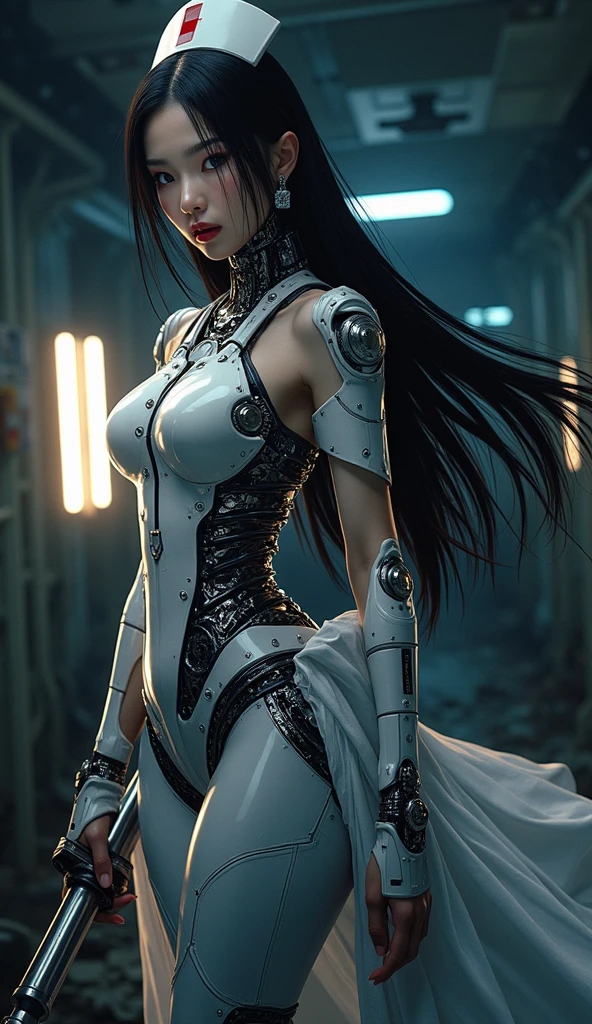 "((extremely detailed CG unit 8k wallpaper, masterpiece, best quality, ultra-detailed)) Beautiful, delicate young cyborg, sweet geisha queen ((hybrid cyborg)), goddess (well detailed), woman, hot, big breasts, with flowing hair, hyper realistic, masterpiece, best picture) wearing high quality rings and bracelets, wearing a short black white kimono with white flowers drawn, walking looking at the camera (super detailed face and body) giving a sexy smile  walking in Japan Futuristic Cyberpunk.