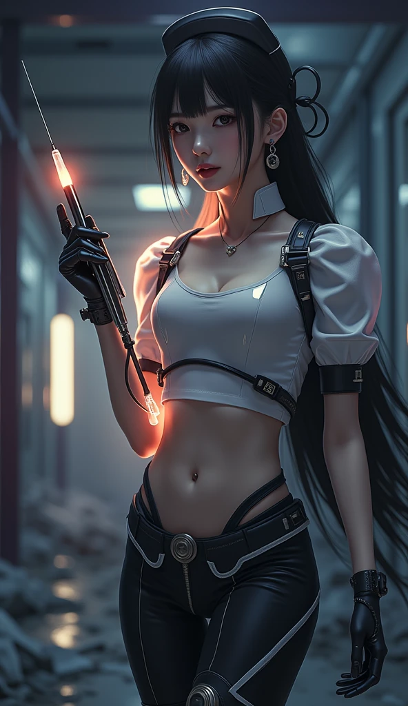 (8k, best quality, masterpiece:1.2), (realistic, photo-realistic:1.37), ultra-detailed, 1 girl,cute, solo, (tifa lockhart), (huge breasts:1.5),(beautiful detailed eyes), (smile:1.2), (closed mouth), erotic pose, dancing, outside an industrial factory, depth of field, dark intense shadows, sharp focus, depth of field, good composition, green glowing light, Final Fantasy VII, (black miniskirt:1.1), (white tank top) suspenders, stockings, arm brace, red gloves, (black choker) full body, head rest, lips, pretty face, low-tied long hair, ((red_eyes:1.2)), (night:1.3), intricate, bokeh, cinematic lighting, photon mapping, radiosity, physically-based rendering, (Tetsuya Nomura style), nsfw, perfect breasts, view from behind
