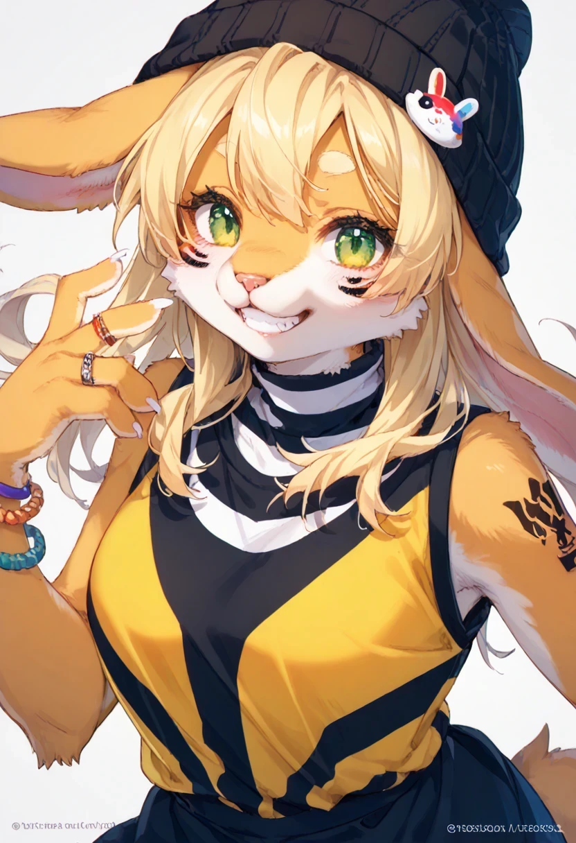 score_9, score_8_up, score_7_up, score_6_up, score_5_up, score_4_up, source_anime, best quality, amazing quality, very aesthetic, absurdres, 1 female, (furry, kemono:1.3), rabbit, beautiful face, detailed face, detailed eye, perfect anatomy, jewelry, solo, ring, smile, bracelet, looking at viewer, blonde hair, long hair, hat, eyelashes, dark skin, green eyes, dark-skinned female, upper body, black headwear, multicolored hair, nail polish, grin, artist name, kret, shirt, striped clothes, striped shirt,  username, sleeveless, teeth, white nails, beanie, simple background, dutch angle, grey background, tattoo, A medium-close-up view of a woman's face, painted with a black hat, white face paint, and blue and green eyes. Her hair is a mix of light and dark blonde hair, and her face is covered in white paint. Her left hand is touching her face, and the right hand is holding a small sticker that has a cartoon character on it. The woman is wearing a colorful bracelet, and a black and white striped shirt. The background is white, and there is a white wall behind the woman., sleeveless turtleneck, sweat, two-tone hair, very short hair, white background, yellow shirt, rating_explicit,