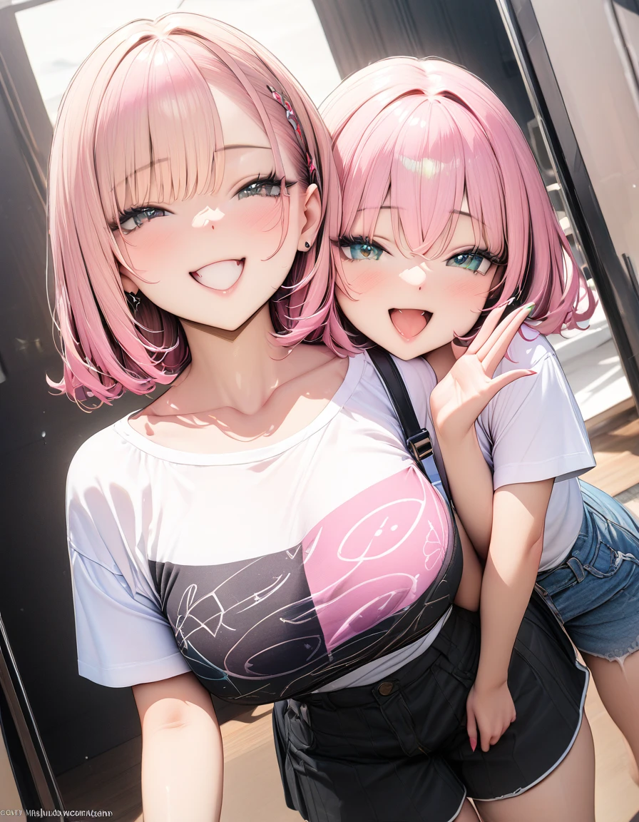 2heads, tiny woman with 2 heads. Standing outside on a sidewalk. Long messy pink hair is ponytail. Wearing bra. Eyeliner. Cute expression. Enormous breasts. Midget, tiny. POV hand holding, holding viewer's hand. Extremely short. High angle view.