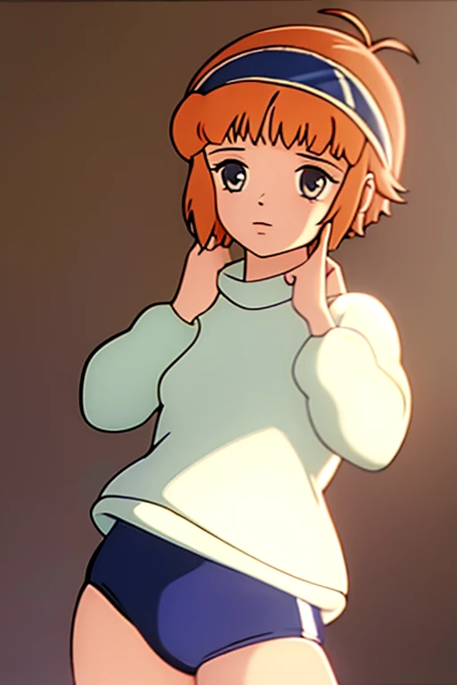 (masterpiece, best quality:1.2), 1 girl, alone，Light fluffy short hair，bow headband, sweater，Sweater details，clean background、looking at viewer, child, ,, masterpiece, best quality:1.4,high quality, detail, young teen, Black gymnastics bloomers, High leg