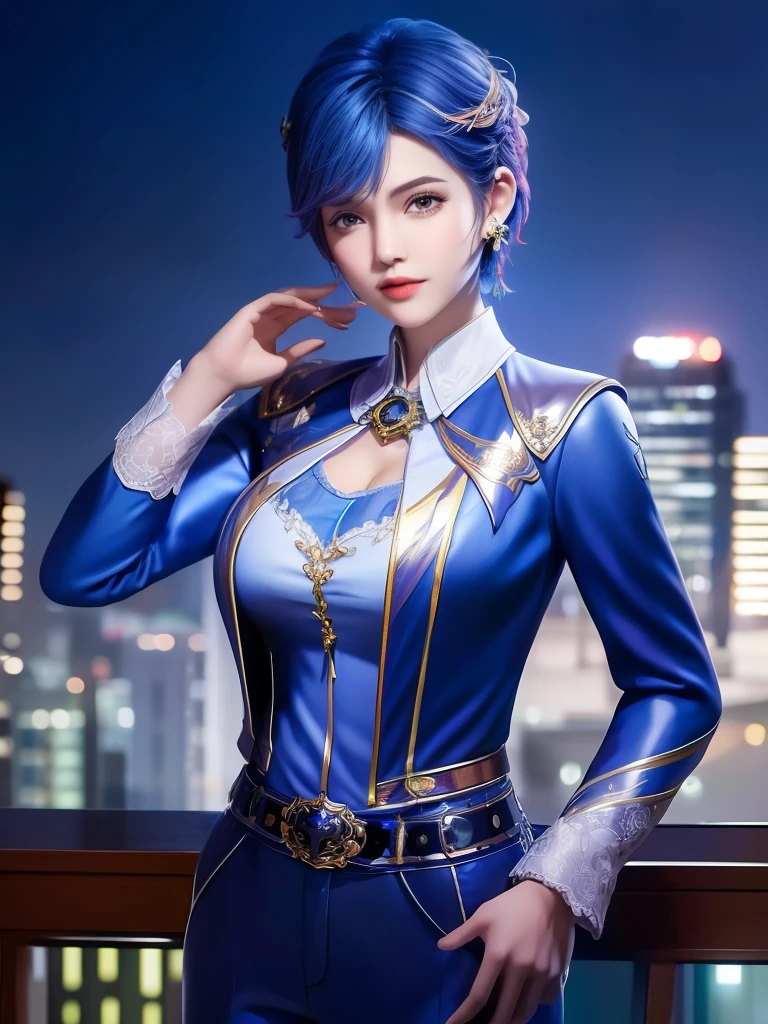 1 girl, ผู้big, City view, nighttime, Image viewer, Short hair, belt,Blue shirt,decorations, earring, , Long sleeves, collar,trousers, Manicure,big ，show breasts，Show your chest，big ，big breasts，show breasts，Show your chest，show breasts，