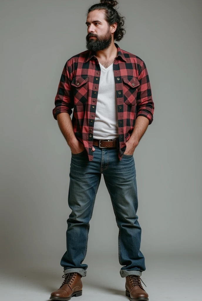 Tall man, pele caucasiana, asymmetrical face, impressive features with the characteristics of actor Nick BATEMAN, standing wearing a red shirt showing his arms, and jeans and cap smiling plaid shirt