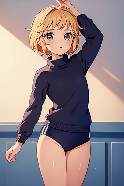 (masterpiece, best quality:1.2), 1 girl, alone,Blonde short hair，sweater，Sweater details，clean background、looking at viewer, child, ,, masterpiece, best quality:1.4,high quality, detail, young teen, Black gymnastics bloomers, High leg