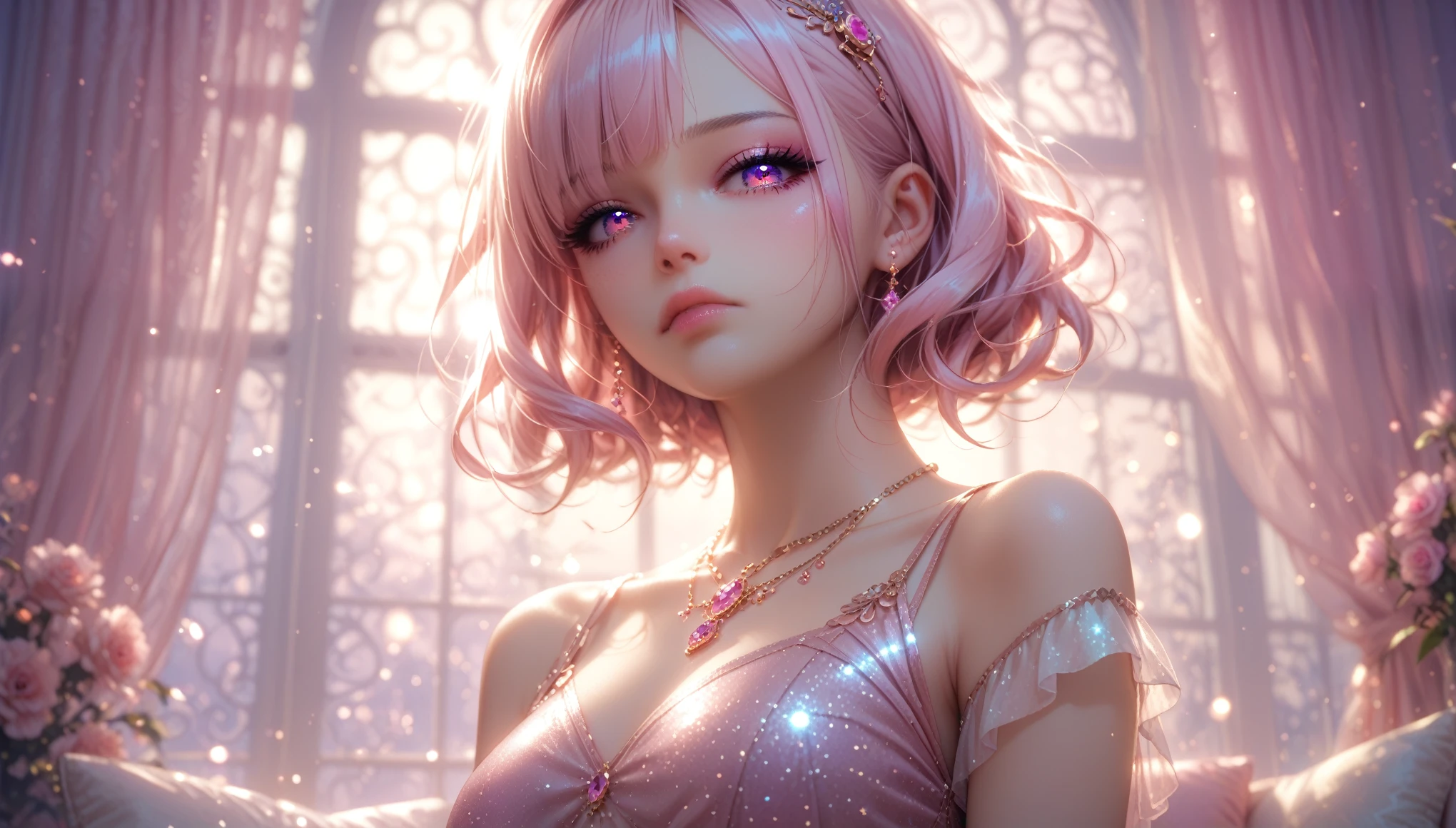 Anime girl with pink hair and a pink dress in front of a window - SeaArt AI