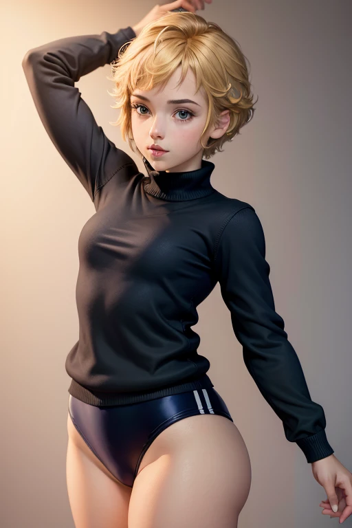 (masterpiece, best quality:1.2), 1 girl, alone,Blonde short hair，sweater，Sweater details，clean background、looking at viewer, child, ,, masterpiece, best quality:1.4,high quality, detail, young teen, Black gymnastics bloomers, High leg