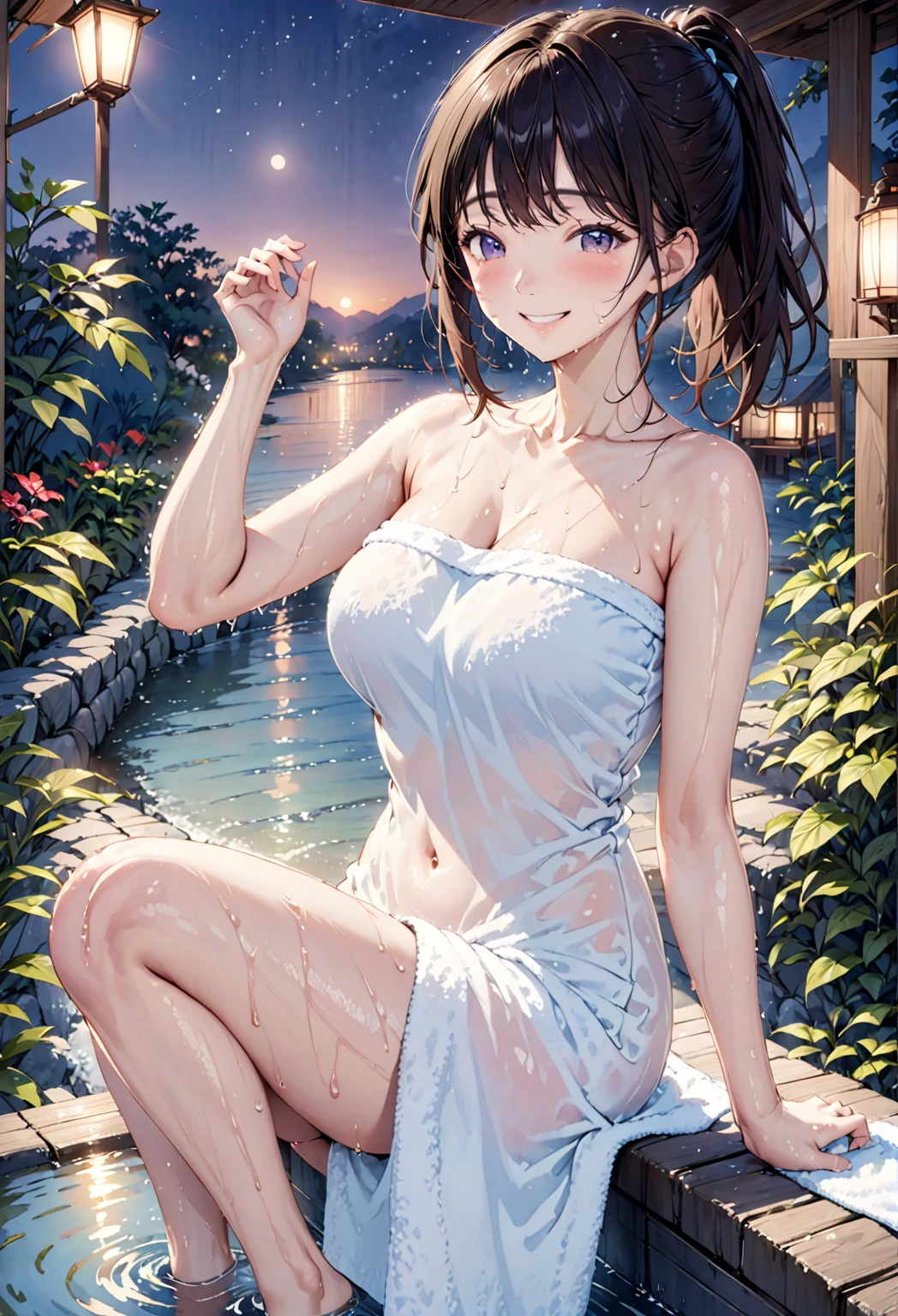 VerydetailedCG，UHD wallpaper， extremy detailed，（（（Best Quority）））， （（ultra detali））， 1girl huge large breasts， Animal_oren， Black_Hair， Blue_Eyes， Large breasts， cat_oren，（Naked_Towels）， the clouds， Cloudy_Sky， crepuscular， nights， Gradient_Sky， horizon， Looking_At_peeping at the viewer， makeups， mediating_breasts， Aqua Eye， woven， Eau， droplets of water， mont， mountainous_horizon， navels， the ocean， Orange_Sky， exteriors， Palm_tree， The purple_Sky， Red_Sky， short_Hair， Sat down， skyward， ssmile， 独奏， suns， sunraise， sun setting， Towels， The tree， at twilight， Eau