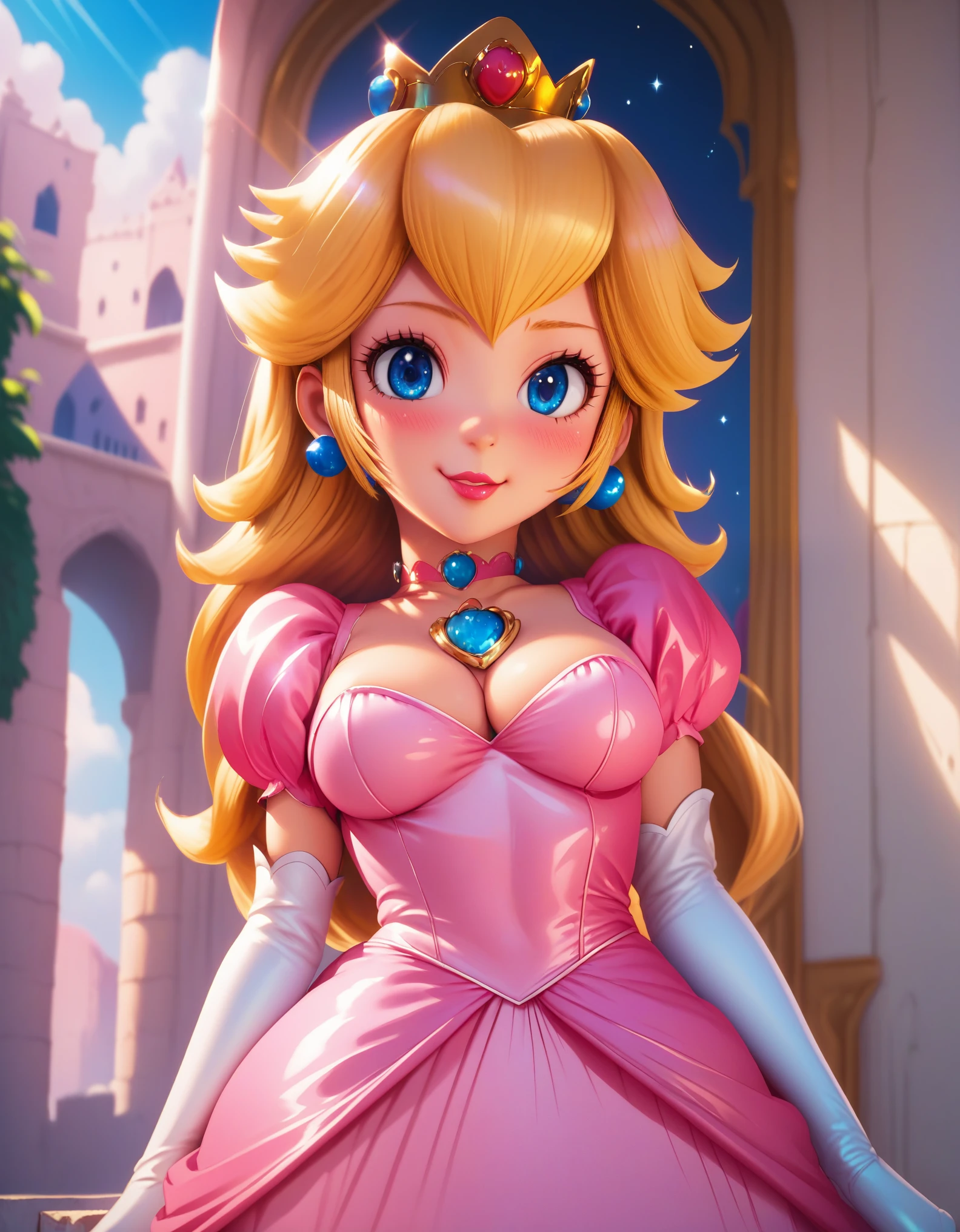 score_9, score_8_up, score_7_up, score_6_up, score_5_up, score_4_up, princess peach, yabuki kentarou artstyle, (front view), oily skin, blue eyes, long blonde hair, large breasts, (pink dress), (cleavage), sexy curves, (solo), standing, seductive pose, looking at viewer, blushing, seductive stare, (palace background), looking at viewer, soft smile