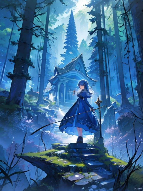 Artwork, Best Quality, Marianne_Passage of time, Blue Dress, Chapel, Dark alpine forest, standing, night, Looking Up, Tronco, detailed face 