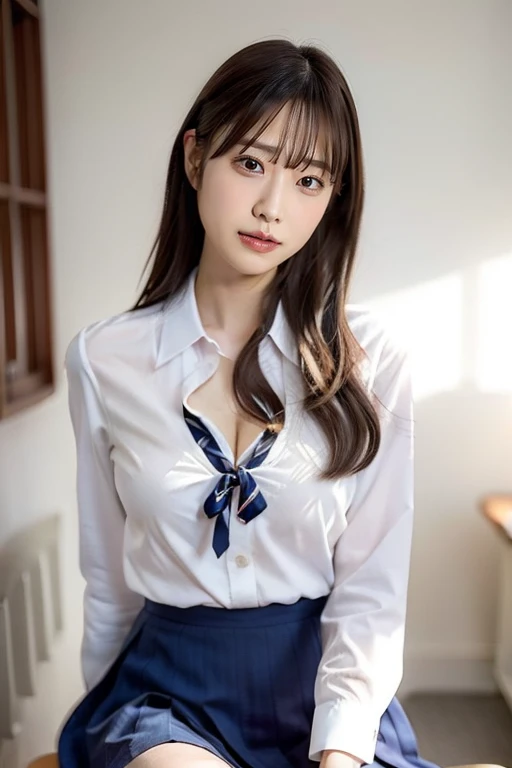 (School uniform: 1.5), (Realism: 1.4), (Best quality: 1.0), (Ultra High resolution: 1.0), 8k, RAW photo, (Masterpiece: 0.2), Ultra detailed, Full shot, 1girl, Beautiful skin, detailed skin, looking at the audience, full body, long hair, disgusted expression, huge breasts, (NSFW: 1.65)