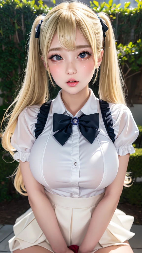 ((Best quality)), ((masterpiece)), (detailed), High Twintails, ((Blonde)), (lolita High school girl), (erect penis:1.2), Very cute eyes, False eyelashes, (((Teary-eyed))), (cheek:1.3), (Surprised:1.5), Glossy thick lips, White skin, Pleated skirt, Close-up upper body, Outside, moonlight, Shooting Star, windy