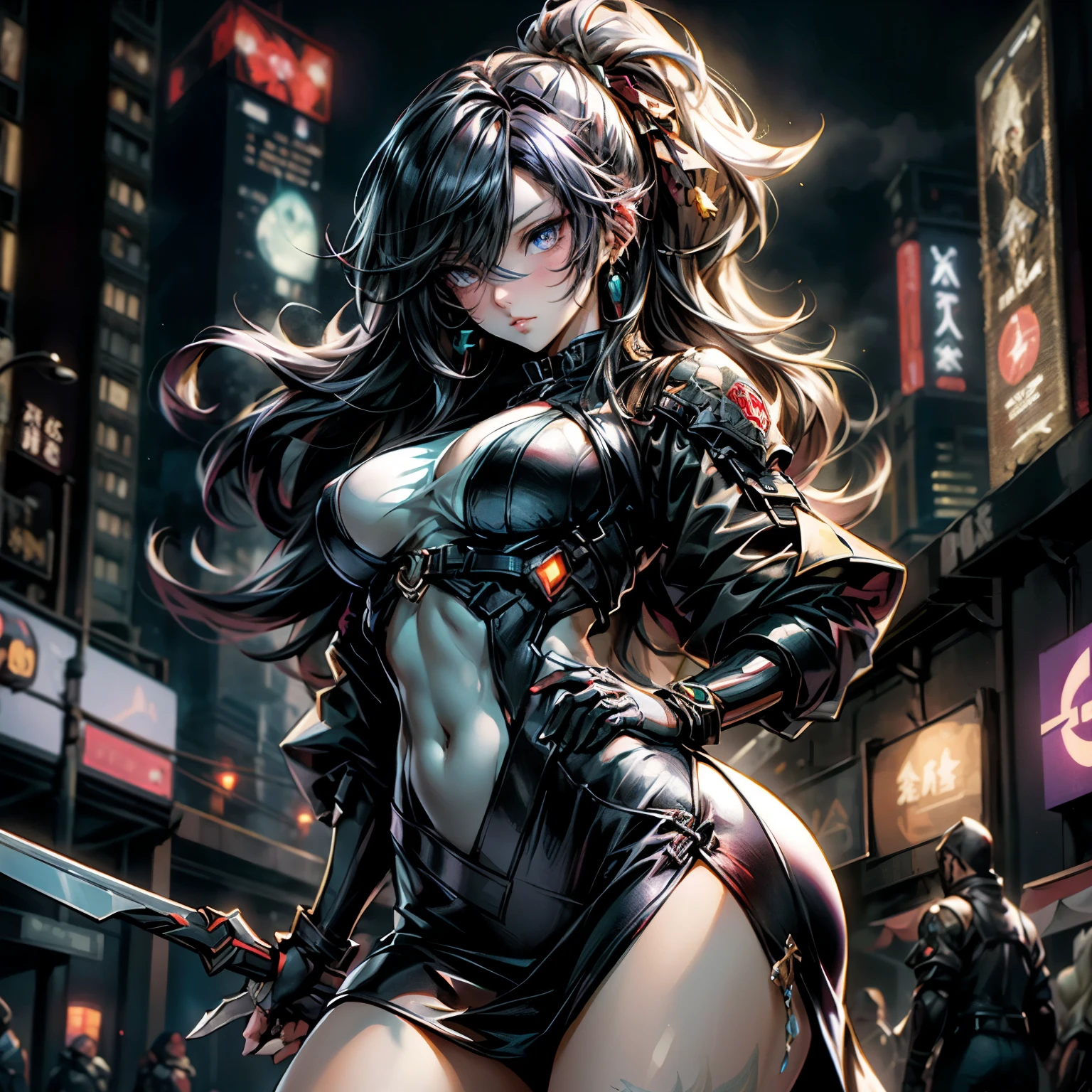 (Shadowy, Gothic, Apocalyptic scene:1.0), (Beautiful, Dark, Female:1.5), (Notable Makeup:1.0), (Thick Lines Around Eyes:1.5), (Rodent Skull Necklace:1.0), Abdominal Free Bustier, Leather Skirt, Heavy Boots, (Knife Strapped to Boot:1.0), (Walking Down Village Street:1.5), Wasteland, Apocalyptic Landscape, (Nighttime, Dynamic Lighting:1.0), (Heavy Shadows:1.0), (Detailed Accessories