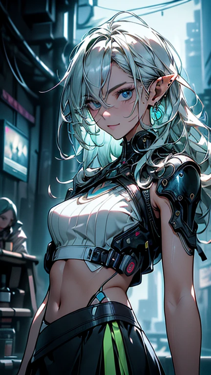 Android Girl,white hair,short and messy hair, purple neon eyes, Holding a chain whip,chains on the hands,chains action, very cute, skirt, white blouse, cyberpunk style, eletronic gloves, mecanic parts, eletronic details,living room background.HD lighting and dark )(epic image quality) dark atmosphere with bright particle light(many effects in background), dinamic shot, robot, neon tweaks, cyberpunk theme