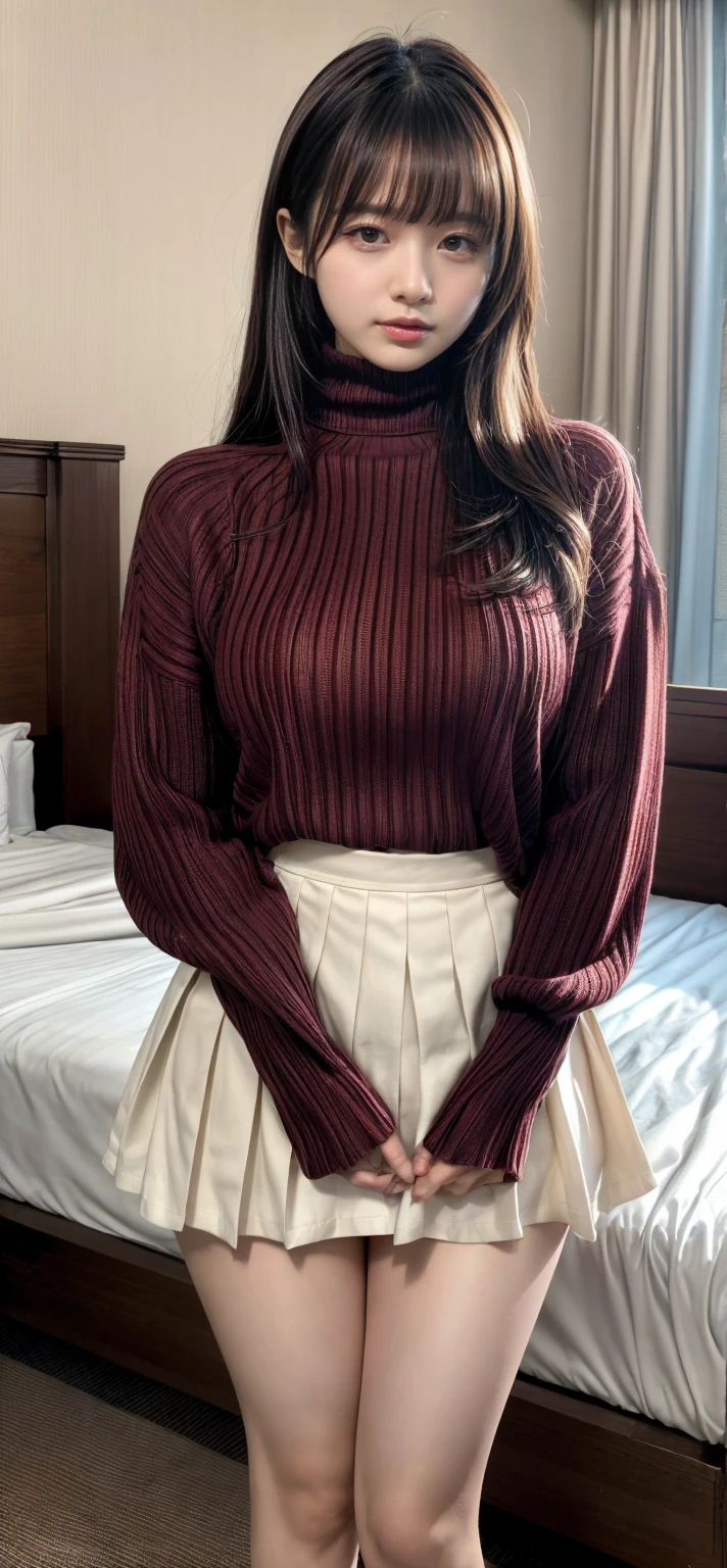 masterpiece, best quality, illustration, Super detailed, fine details, High resolution, 8K,wall paper, perfect dynamic composition,(Details High quality, realistic depiction of eyes:1.3), short hair, (wavy hair:1.2), Tight turtleneck pink sweater, pleated skirt, pony tail hair, huge breasts,  black hair color, Big Natural Color Lip, bold sexy pose, crying a little、Harajuku style、20 year old girl、cute type、lolita、beautiful legs, hotel room, full body photo、focus on crotch, hposing Gravure Idol, Sexy shot looking at camera, Sunset, by the window, Summer, knee sox, make up, Curve