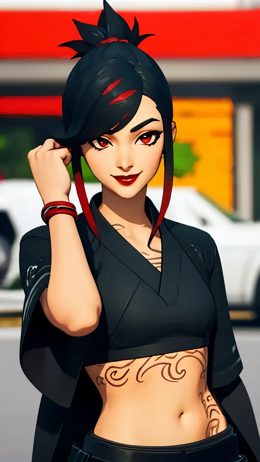 City background:1.2, 1girl, SierraFN, black hair, red hair, two-tone hair, short hair, multicolored hair, red eyes, (black eyeshadow1:1), (speed lines:1.1), tattoos, navel, kimono, black kimono, open kimono, covor shoulder, black crop top, black pants, red lips, smile, looking at viewer, facing viewer, upper body,