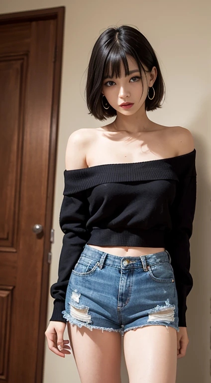 (High resolution),one girl, Japanese, cute, black hair short, Cable knit drop shoulder sweater light beige wear & Faux leather skirt black mini, Are standing & sideways pose, in a large bedroom, key light,