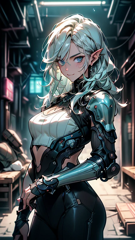 Beautiful black woman white hair, big breasts, breasts down, detailed realistic cyberpunk style, masterpiece, extreme quality, perfect eyes, perfect body, perfect face, cinematic light, digital drawing, neckline, big breasts,1girl only, 2 legs only, two arms, perfect body, mature female, soft, perfect and detailed hands, firing her gun, detailed beach background, thick eyelashes, makeup,  shade, curvy, African